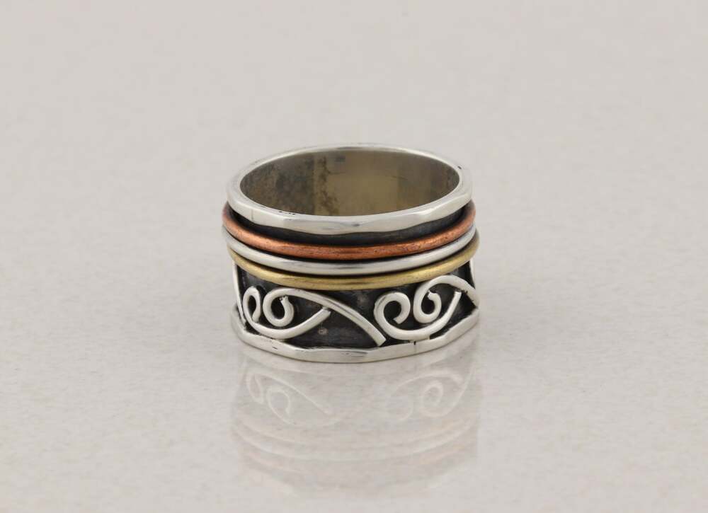 Sterling Silver Unique Thick Band Spinner Ring Bronze & Copper Size 8 - Picture 5 of 7